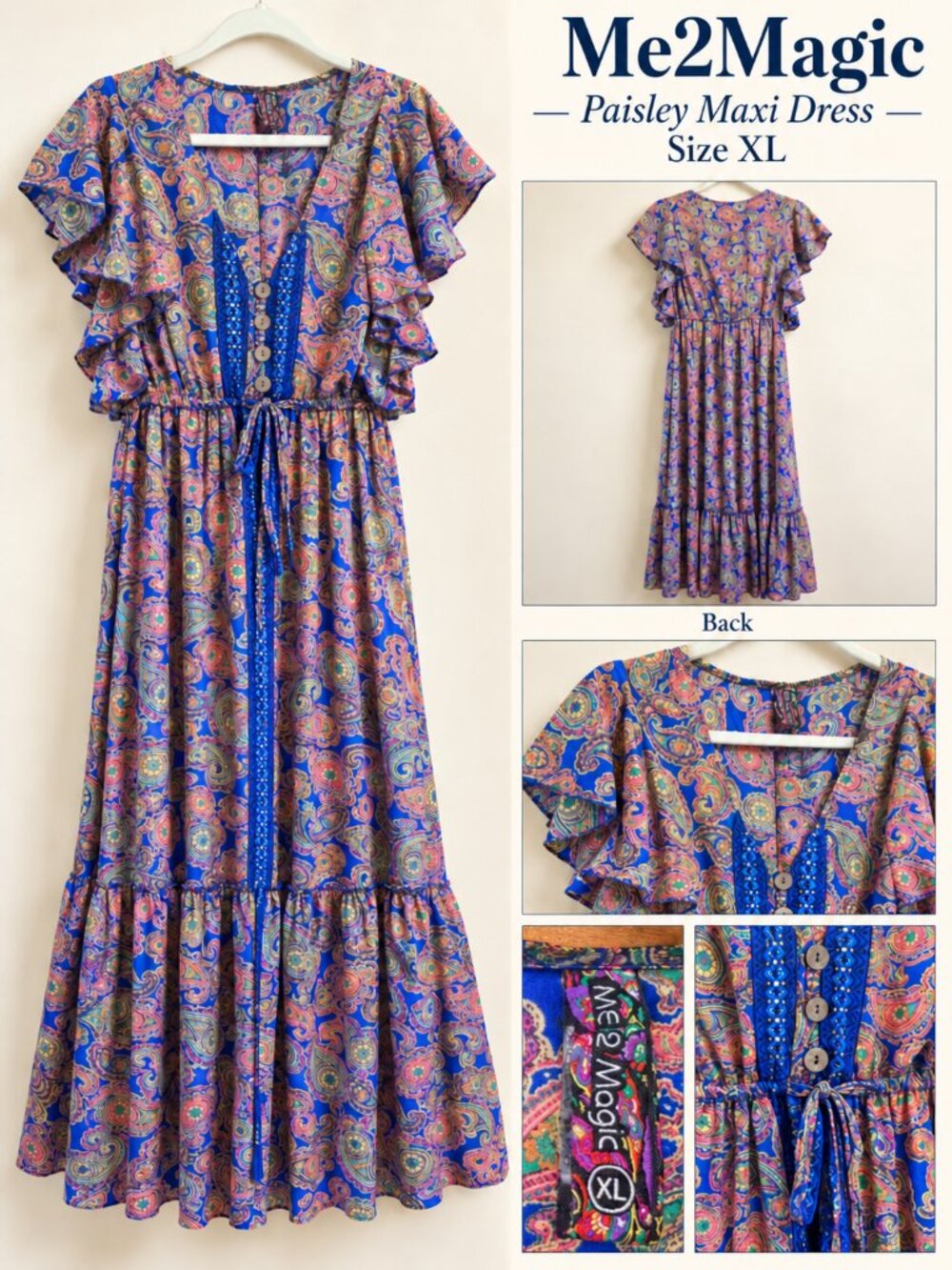 Me2Magic Blue Paisley Ruffle Maxi Dress – Size XL